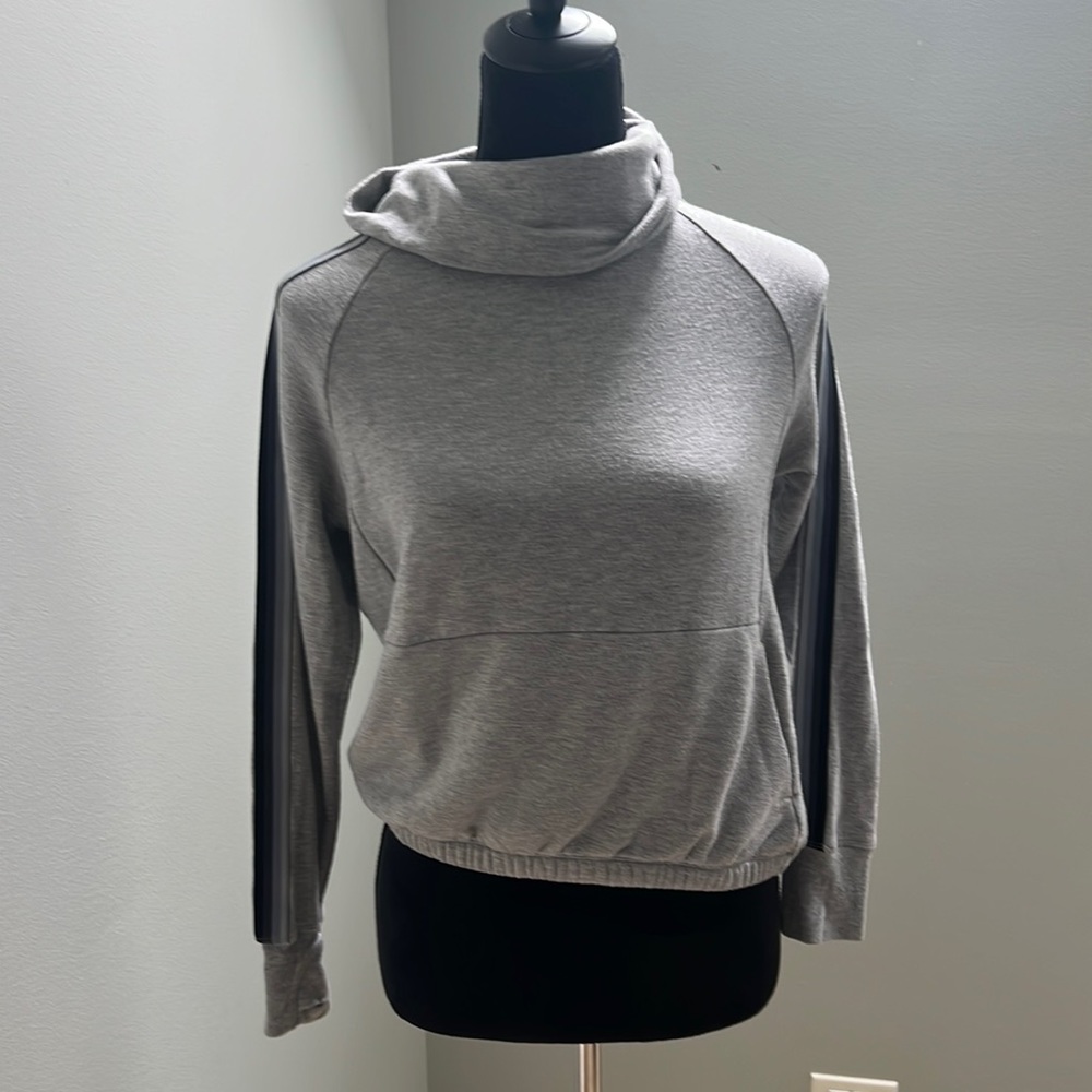 Athleta girl, gray turtle neck sweatshirt with striped sleeves, size 12
